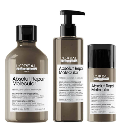 L'Oréal Professionnel Serie Expert Absolut Repair Molecular Shampoo, Rinse-off Serum and Mask Routine Gift Set Bundle Pack Trio For Damaged Hair